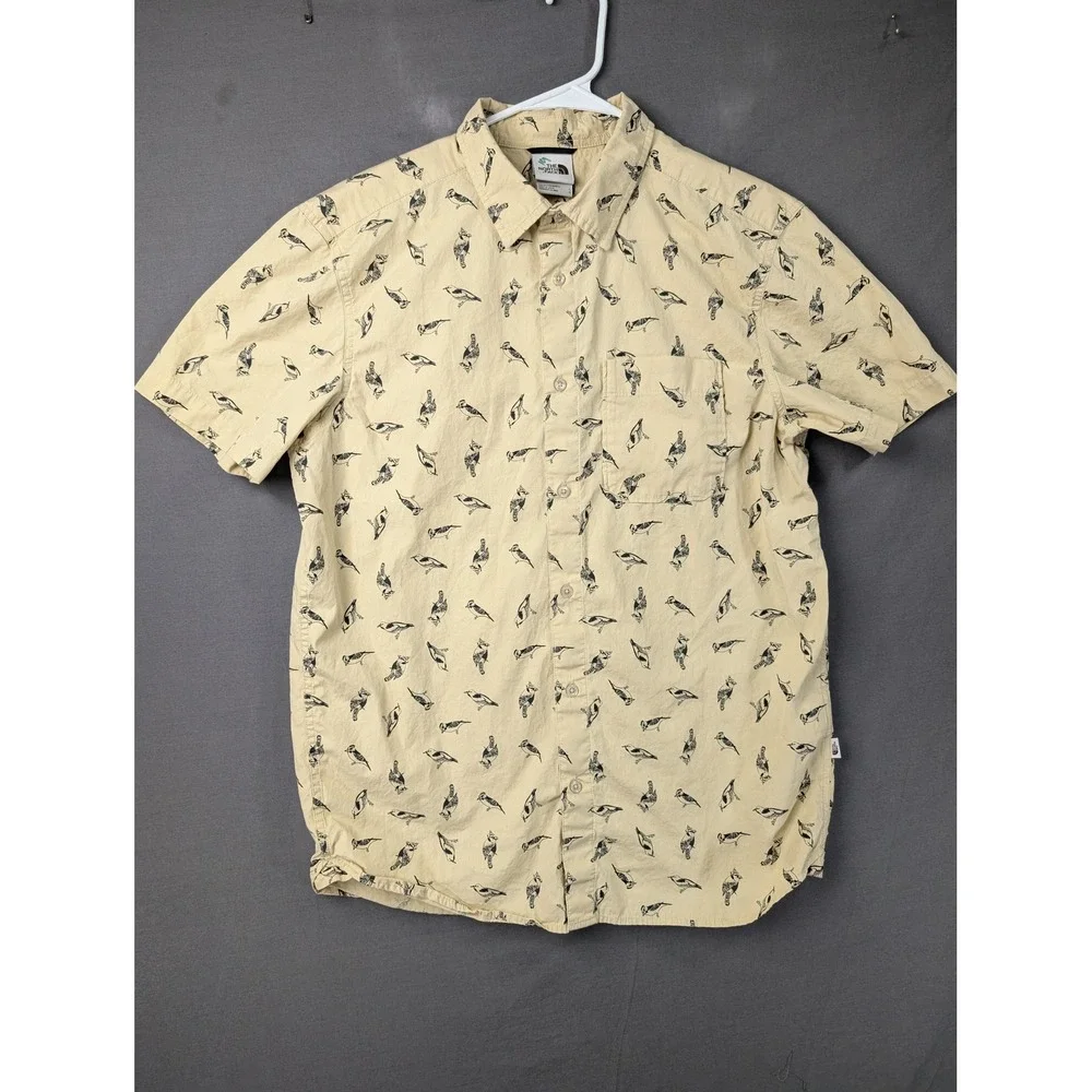 The North Face Mens Bird Print Short Sleeve Button Down Shirt Beige Large